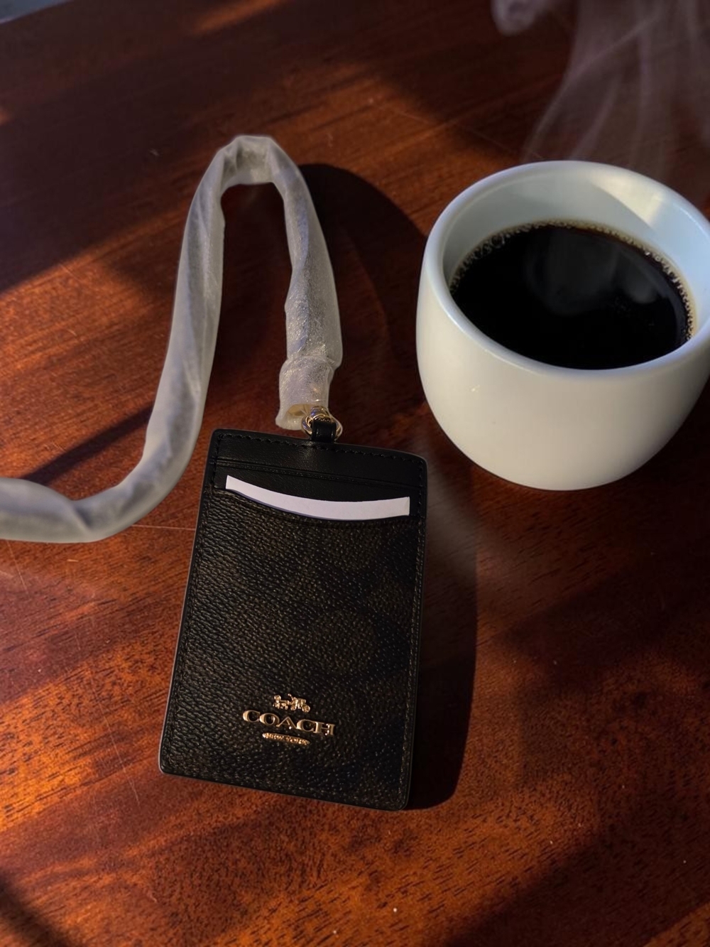 Coach Black Pebbled Leather ID Lanyard Card Holder With Dusty